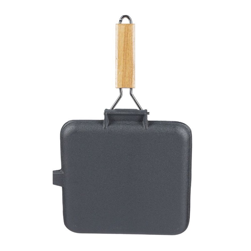 Poêle grill en fonte avec poignée en bois pliable, 28x28 cm | Poêle grill en fonte avec poignée en bois pliable, 28x28 cm | | |
