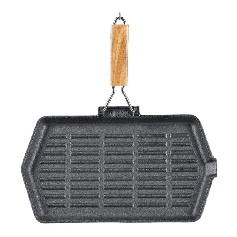 Poêle grill en fonte avec poignée en bois pliable, 35x21 cm - Comparaison de produits