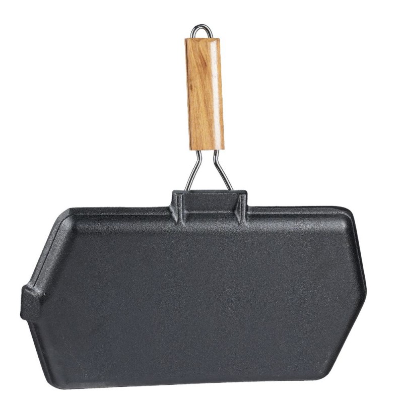 Poêle grill en fonte avec poignée en bois pliable, 35x21 cm | Poêle grill en fonte Poêle grill en fonte avec poignée en bois pliable, 35x21 cm | Poêle grill en fonte | Poêle en fonte |